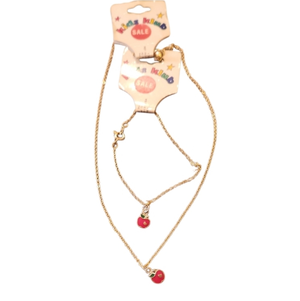80s USA Gold Apple Heart Pendant Necklace Bracelet Set New